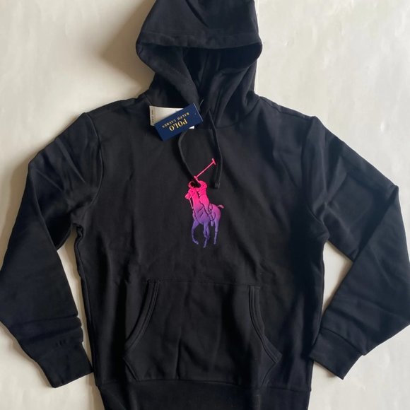 Polo Ralph Lauren Ombre Big Pony Logo Fleece Pullover Hoodie Sweatshirt Black